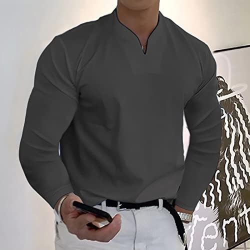 Wocachi машки V вратот Хенли кошули со долг ракав, 2023 мускули тенок фит деловна обична маица лесни врвови без јаки