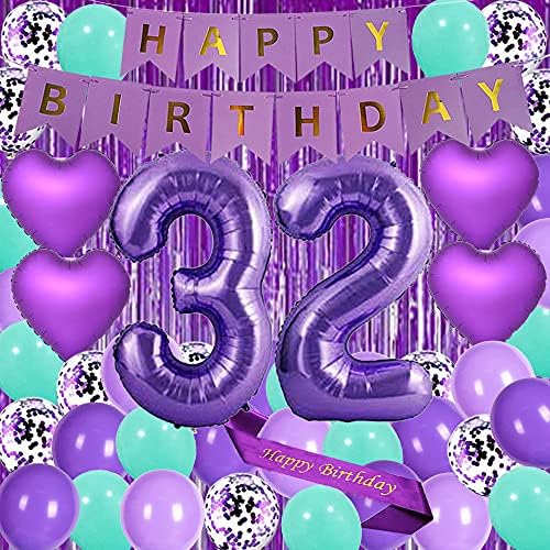 Виолетова 32 Декорации Роденден Набавки Виолетова тема Среќен роденден појас 40 инчен Фолија Балони Број 32 Срцева Фолија Балони Виолетова