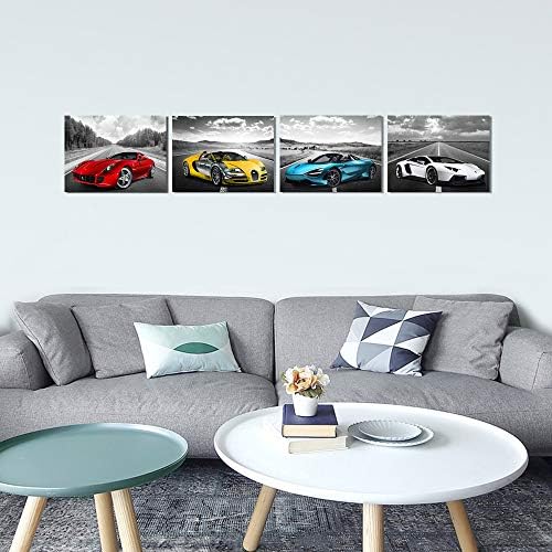 Декор за постери за автомобили црно -бел wallид уметност врамена автомобилска уметност за мажи момчиња декор за спална соба спортски постери