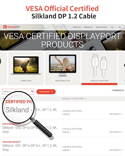Silkland [VESA Сертифициран DisplayPort Кабел, DP Кабел 6.6 ft [4K@60Hz ,2K@165hz 144Hz], 1080P 240hz Плетенка Видео Дисплеј Порта
