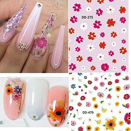 Јосомк ​​9 листови налепници за цвеќе на ноктите декорации 3Д бели разнобојни маргаритки за нокти, пролетни летни налепници за нокти