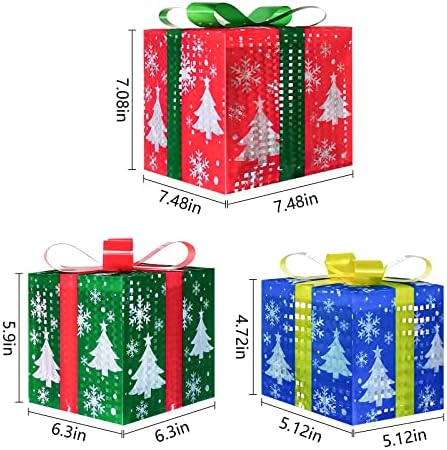 PhreeWILL Божиќни осветлени кутии за подароци сет од 3, 60 LED украси со кутии со ПВЦ снегулка и шема на новогодишна елка, светла