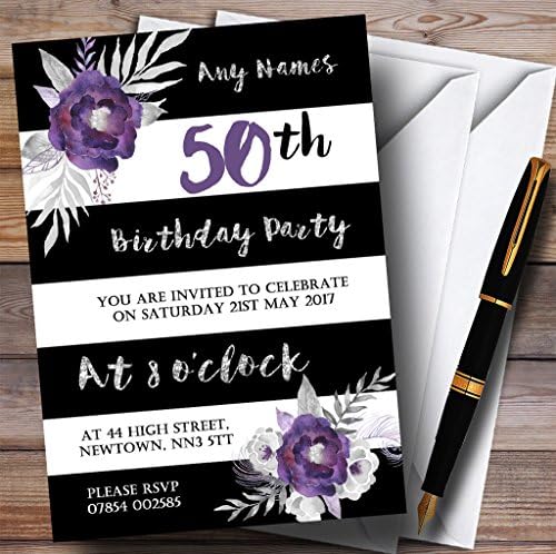 Црн Бел Сребрен Виолетов Цвет 50-Ти Персонализирани Покани За Роденденска Забава