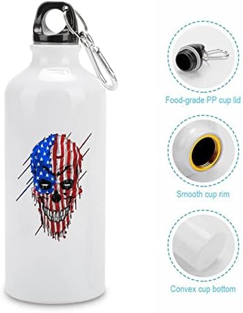 Череп глава Америка знаме за спортско шише со вода алуминиумско уста шише кантина патување со капаци и метална кука