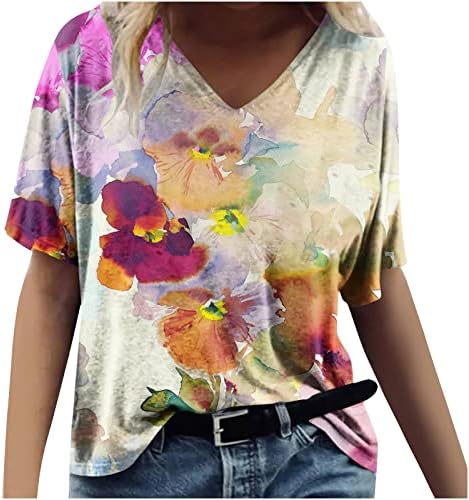 Тинејџерски девојки кратки ракави маички цветни печатени врвови маички екипаж длабоки v вратот спандекс в Valentубени маички за бранч