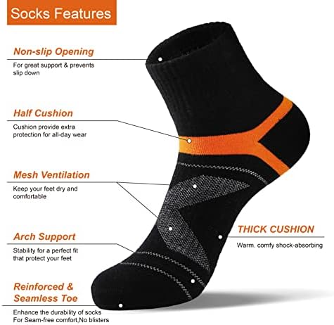 ЏОНГ Хуа Машки Црни 3-Пакети Амортизирани Чорапи, Отпорни На Пот - Четвртина Атлетски Чорапи За Трчање За Мажи и Жени, Големина 7-12