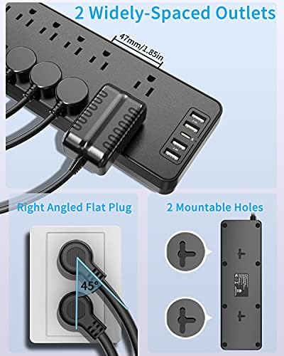 Power Strip Surge Protector with USB C Ports and 12 Outlets, 6 FT 14AWG Extension Cord Flat Plug with Overload Surge Protection, 1875W/15A,