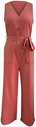 OPLXUO летен џемпери за жени облечен случајна V-вратче копче со широки панталони со долги панталони солиден играч со џебови и појас