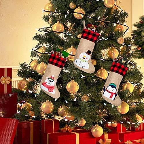 Дома специјален 2021 Нов сет од 3 семејни Божиќни чорапи Бурлап Бафало црвена и црна карирана 19 инчи за украси што висат украс за Божиќ