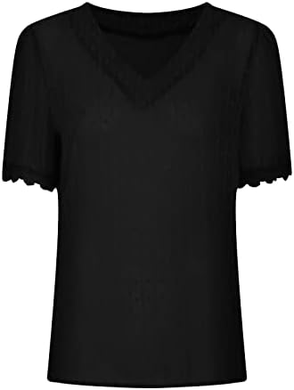 Women'sенски летен V врат блуза чипка капчиња лежерна лабава лабава кратка ракав швајцарска точка удобна кошула врвови