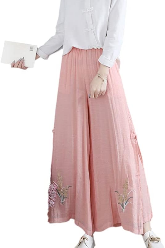 Кинески национален стил ретро елегантни пакувања широки нозе извезени цветни еластични панталони за половината за жени Color3 xl