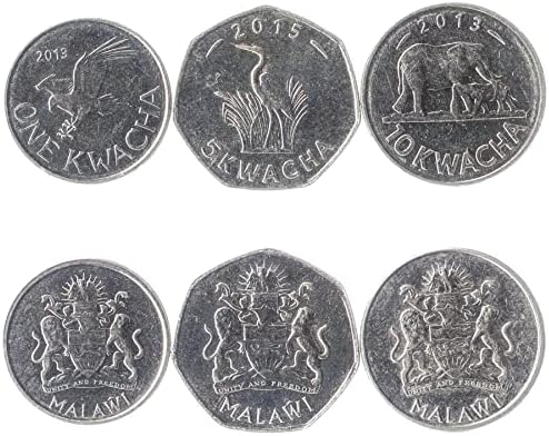 3 Монети Од Колекција На Монети Од Малави | Малави 1 5 10 Квача | Циркулирано 2012-2018 | Слон | Африкански Рибен Орел | Виолетова Чапја