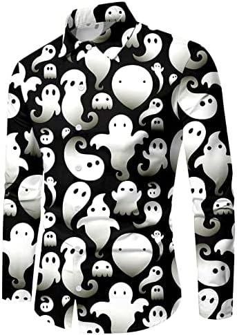 XXBR Ноќта на вештерките кошули, уличен долг ракав смешен графички скелет за тиква, копче надолу за забавни костуми дизајнерска кошула