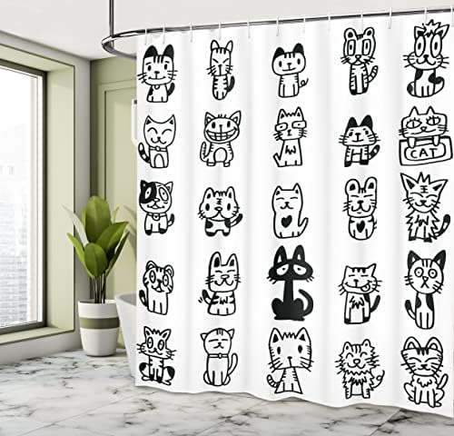 Завеса за Туширање со Мачки амбесон, Рачно Нацртани Скицирани Мачки Со Среќни Гестови На Лицето Комични Суштества Смешна Слика За Печатење