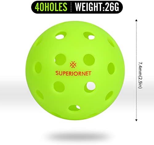 Superiornet Pickleball топки, 40 дупки, 12 пакувања поставени пикаболи за играње во затворен простор и наредување