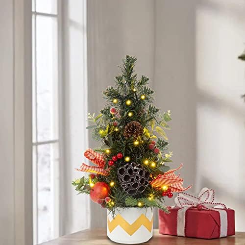 Биро новогодишно дрво со светла 20 Мала елка Мала светлина елка со светла, бор конуси, црвени бобинки, Божиќно јаболко за табела за Божиќни