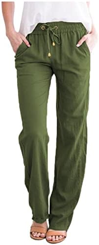 Женски памучни постелнини панталони летни обични еластични панталони со цврста боја со високи половини со права нога удобни панталони