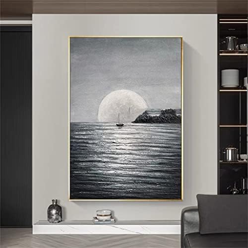 Xjjzs рачно насликано црно -бел океан морски пејзаж Пејзаж масло сликарство на платно