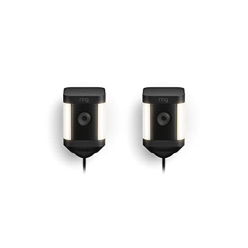 Воведување на Ring Spotlight Cam Plus, Plug-in | Двонасочен разговор, ноќна визија во боја и безбедносна сирена | 2-пакет, црна
