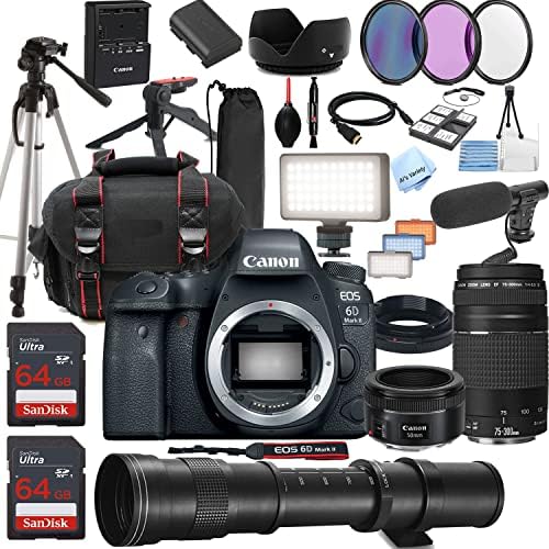 Canon EOS 6D Mark II Dslr Камера w/EF 50MM STM + 75-300mm + 420-800mm Супер Телефото Објектив + LED Секогаш на Светлина + 128gb