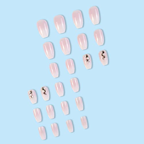 Долго Притискање На Ноктите Ковчег Лажни Нокти Розови Лажни Нокти Со Дизајн Кристали Лепак На Ноктите Сјај Стап На Ноктите Целосна Покривка Сјајни