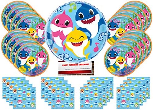 Бебе Ајкула Чинии Салфетки Роденден Материјали Пакет Пакет за 16 Гости Со Голем 18 инчен Балон