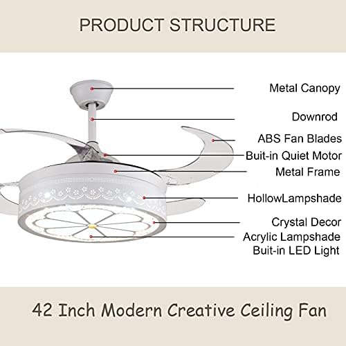 Wupyi 42 инчи модерен вентилатор за кристал тавани со светло и далечински управувач, LED 3 светла за промена на бојата што може да