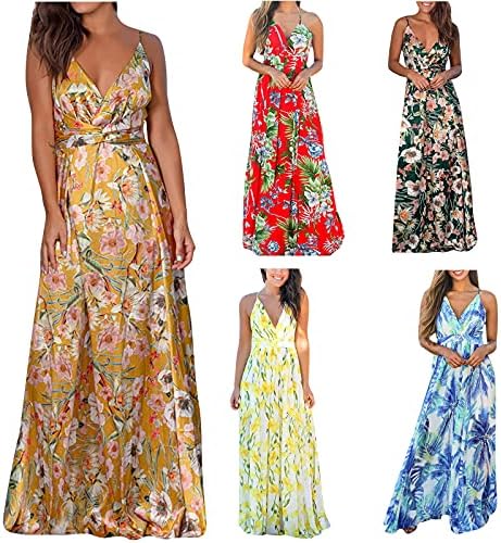 Боемски фустани за женски летен необичен фустан без ракави, длабоко V вратот, цветна печатена забава за плажа Макси Течен Долг фустан