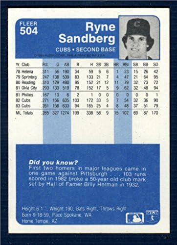 1984 Флер 504 Рајн Сандберг НМ-Мт Чикаго Младенчиња Бејзбол
