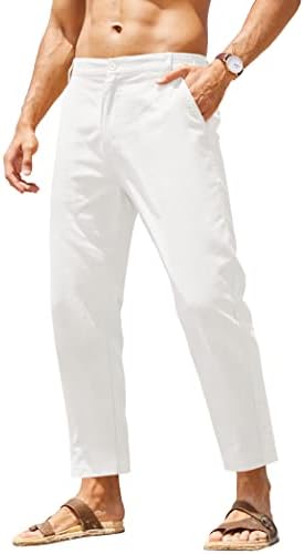 Коофанди машка памучна постелнина панталони еластични половини лесни панталони тенок фит јога плажа панталони со џебови
