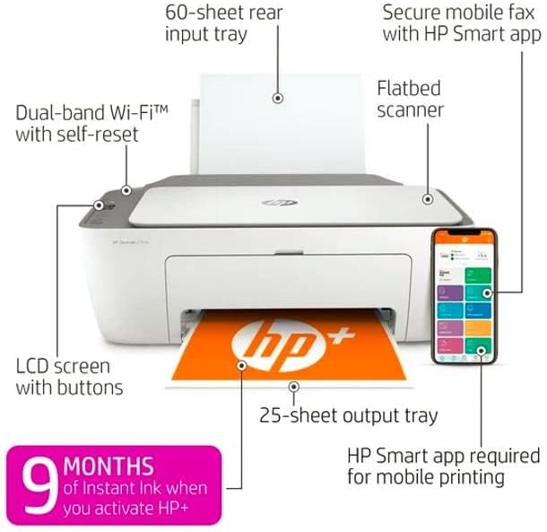 HP DeskJet 2723E се-во-едно безжичен печатач во инк-џет-печатач ， копија за скенирање на печатење-LCD дисплеј, 4800 x 1200 dpi,