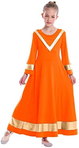 Owlfay девојки злато металик во боја блок литургиски пофалби танцувачки фустан Руфла лабава вклопена целосна должина долга ракав