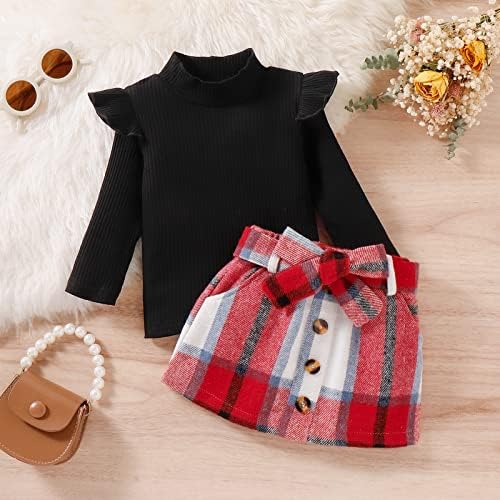 Детето мало девојче есен зимска облека со долги ракави, плетена кошула, врвен појас мини здолниште 2 парчиња карирана облека