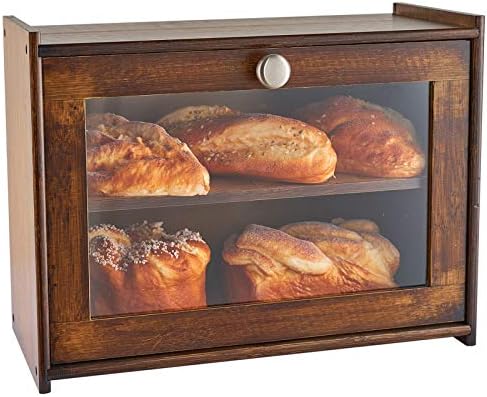 Кутија За Леб од бамбус за Кујнска Плоча, Дрвена Кутија За Складирање Леб Со Проѕирен Прозорец, 2-Слоевито Складирање Леб Со Голем Капацитет,