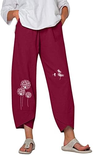 Обични панталони со капри за жени широки нозе памучни постелнина Харем панталони цветни печати лабаво вклопување на тренингот