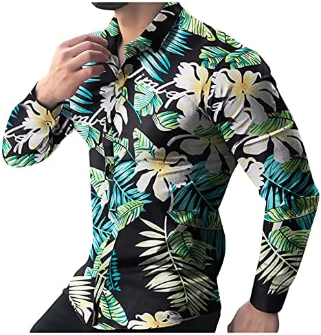 Машки кошули за мажјаци со долги ракави со долги ракави надолу на хавајската кошула опуштено-лисја од цвеќиња од цвеќиња на гроздобер обични