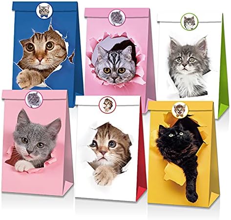 12 парчиња мали хартиени кеси 3Д мачки печатени бонбони колачиња вклучена хартија торба за животински тема Децата носат храна за забави за