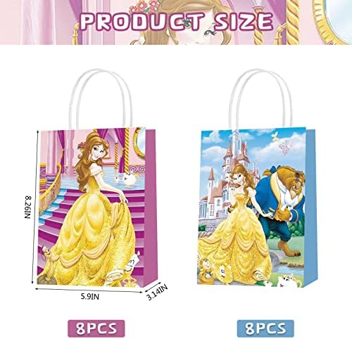 16 компјутери принцеза Бел Партија за хартија за хартија, 2 стилови на забава за забави кои ги фаворизираат торбите со рачки за Belle Beauty