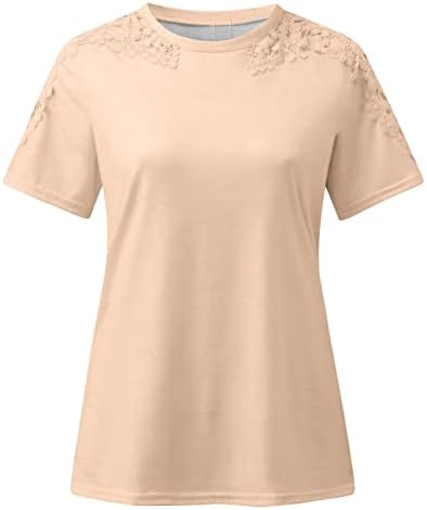 Женски симпатична чипка блуза врвна летна кратка ракав чипка, шуплива од обични маици со врат од вратот, беж