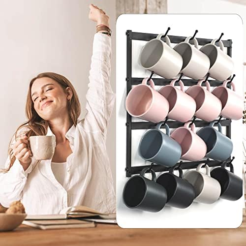 Држач за кафе на Ajart Wallид монтиран: 14 куки квадратни чаши за кафе - метално кафе за кафе, организатор на вашите чаши