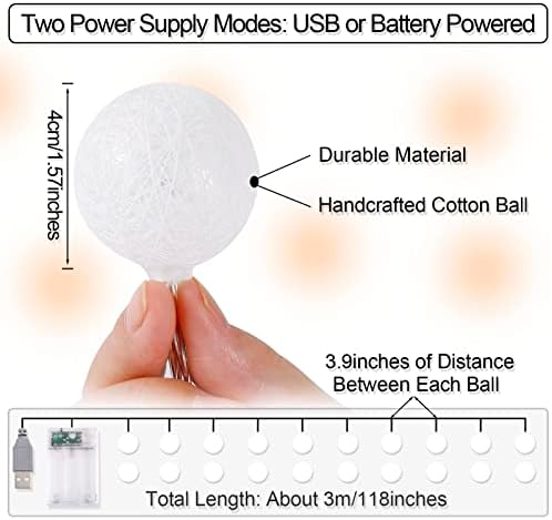 Xiyunte памучна топка за самовили - 3м/10ft памучни топка низа светла, 20 LED светла со памучни топки, USB или батерии, топли бели жици