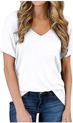 Women'sенски V врат со кратки ракави со кратки ракави летни обични врвови цврсти бои лабава вклопена основна блуза меки удобни кошули