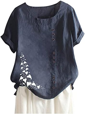 Womenените летни памучни постелнина маица лабава обична екипаж со кратки ракави за печатење кошули со кошули удобни врвови за