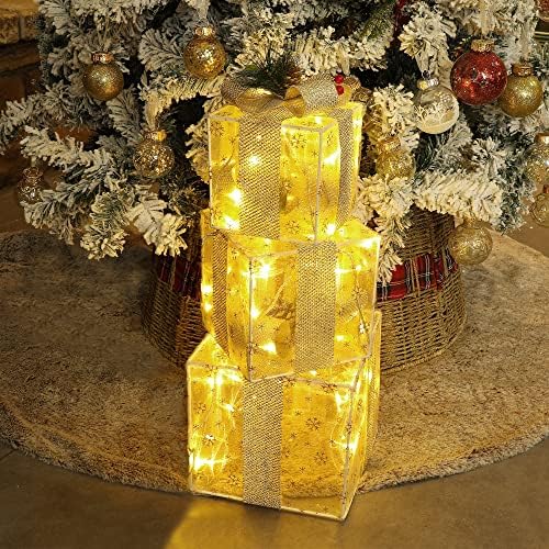 Сет од 3 Божиќни осветлени кутии за подароци украси, пред-осветлени снегулки сегашни кутии со сребрен лак, осветлете го украсот за