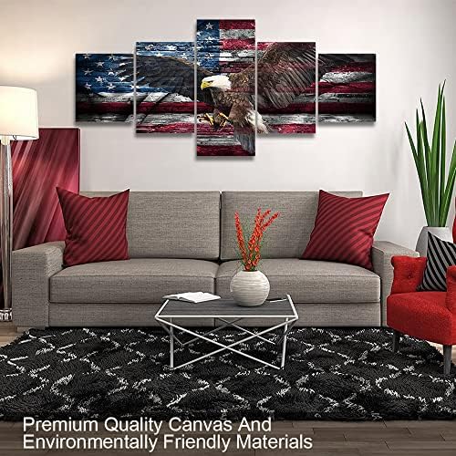 Wallид HDQ Американско знаме wallидно уметност гроздобер САД знаме со ќелав орел wallиден декор 5 парчиња ретро воено платно печатење на сликарство кул орел ги шири своите