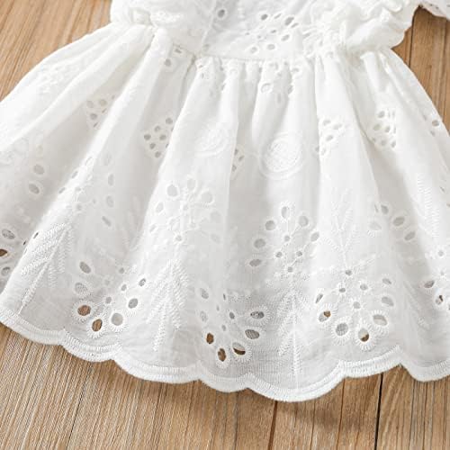 Девојки за новороденчиња, кратки ракави, чипка облека, цврста боја, шуплива, декор на руфли, сладок фустан, обични девојки бела чипка фустан