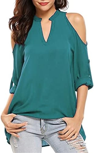 Andongnywell женска цврста боја v вратот пулвер од рамото со кратки ракави маица маички за блузи
