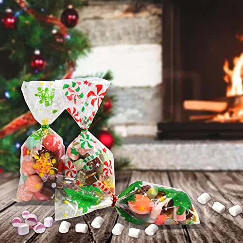 Кимобер 144 парчиња Торби За Божиќни Бонбони, Кеси За Добрите Целофан со Врски За Пресврт За Божиќни Забави