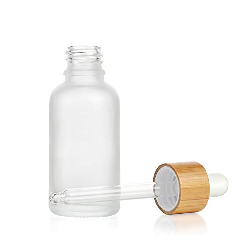 4 парчиња бамбус замрзнато стакло шише за очите, шишиња со есенцијално масло со чисти стаклени пипети, бамбус капа за шминка за козметички