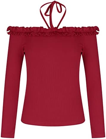 Женски моден пад џемпер секси надвор од рамото со долги ракави плетени кошули запрени лакови трим тенок врвен цврст пулвер блуза